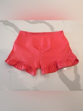FP Movement by Free People Coral Pink Ruffle-Hem High-Waist Athletic Shorts